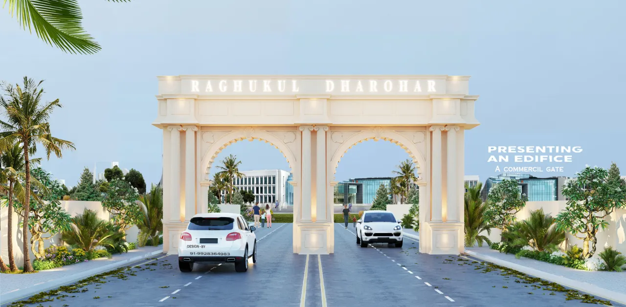Heritage-inspired commercial entrance gate of Raghukul Dharohar project in Jaipur