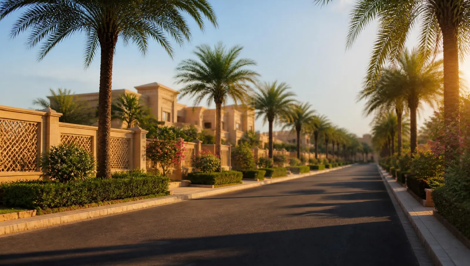 Palm-lined internal road of a premium gated residential township in Jaipur at golden hour